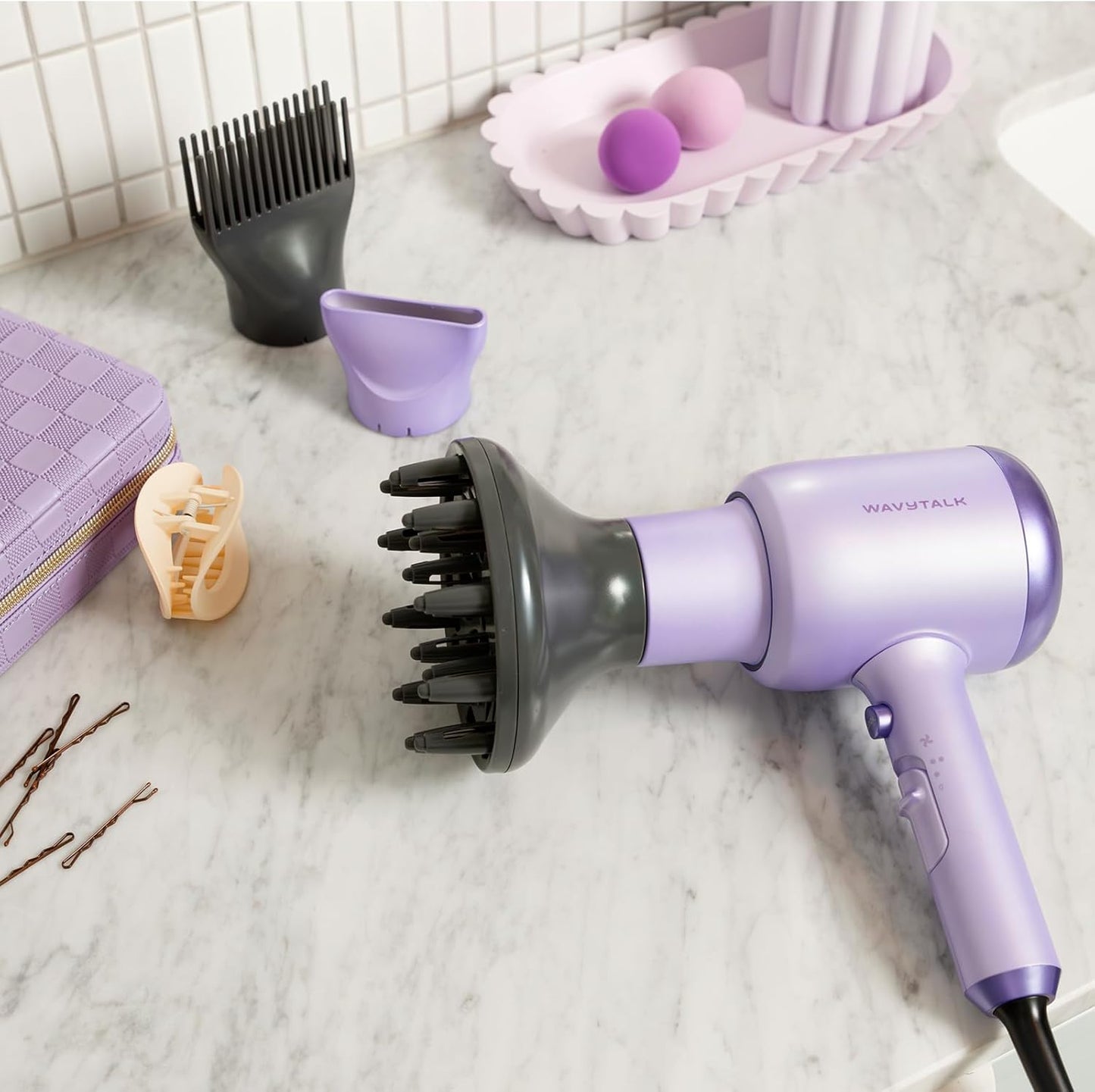 Wavytalk Hair Dryer with Comb, 1875W Hair Blow Dryer with Diffuser Hair Dryer for Curly Hair Fast Drying Hair Care, Purple